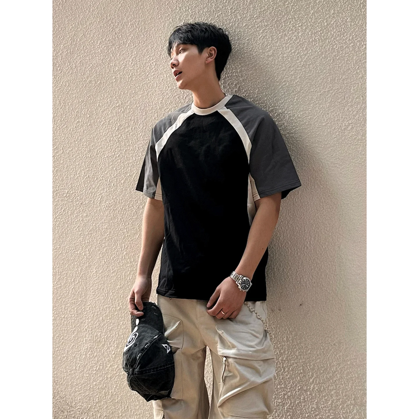 AIDASE  -  Summer American Style Color Block Raglan Round Neck Short Sleeve T-Shirt Men's Pure Cotton Heavyweight Loose Half Sleeve Top aidase-shop