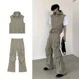 Aidase Summer Sleeveless Set Men Women Multi-Pocket Hooded Vest +jogging Cargo Pant Spring Loose Casual Zipper Two Piece Suit Street