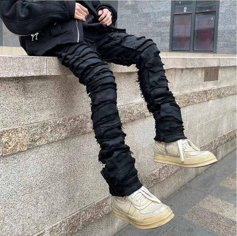 Aidase Heavy Industry Hole Frayed Destruction Waxed Jeans Mens High Street Retro Straight Ripped Pencil Pants Oversize Denim Trousers aidase-shop