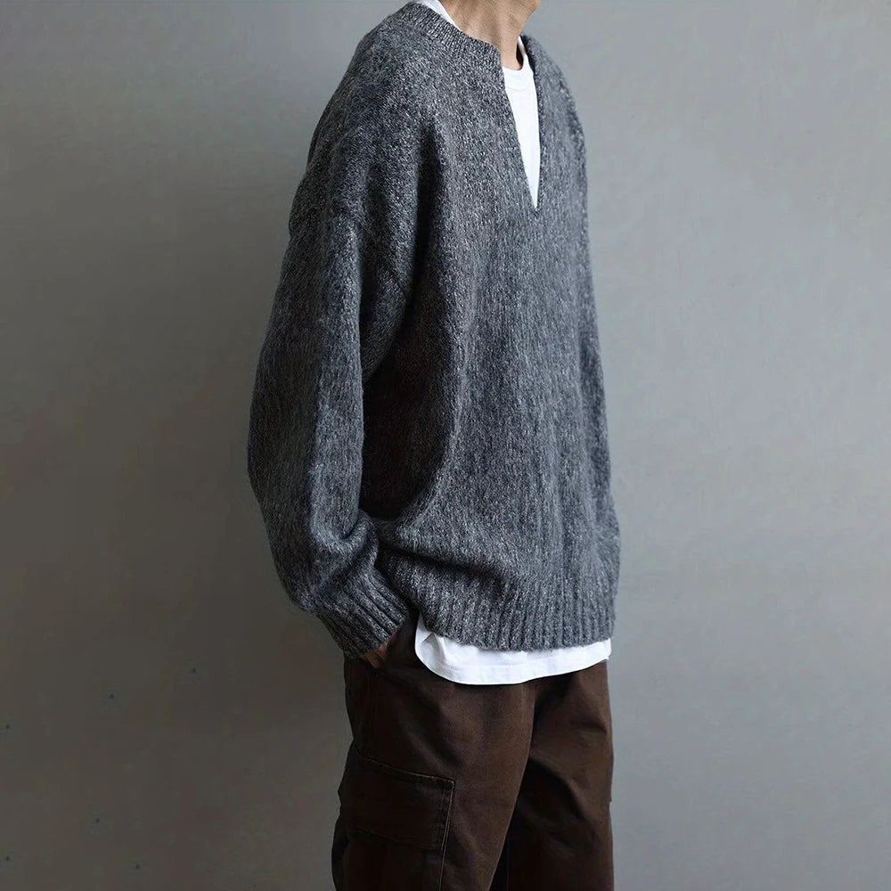 AIDASE  -  American Street Fashion Solid Color V-Neck Sweater Men Autumn And Winter Lazy Style High-End Casual Knitted Sweater Jacket Men aidase-shop