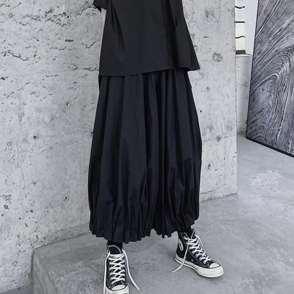 AIDASE  -  Summer New Men's Solid Color Wide-Leg Lantern Skirt Pants Retro Fashion Trend Casual Simple Loose Breathable Niche Men's Bottoms aidase-shop