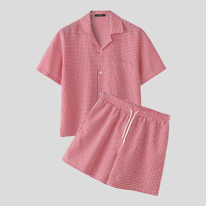 AIDASE  -  Men Plaid Sets Summer Vacation Streetwear Lapel Short Sleeve Shirt & Shorts 2PCS 2025 Loose Fashion Men's Casual Suits aidase-shop