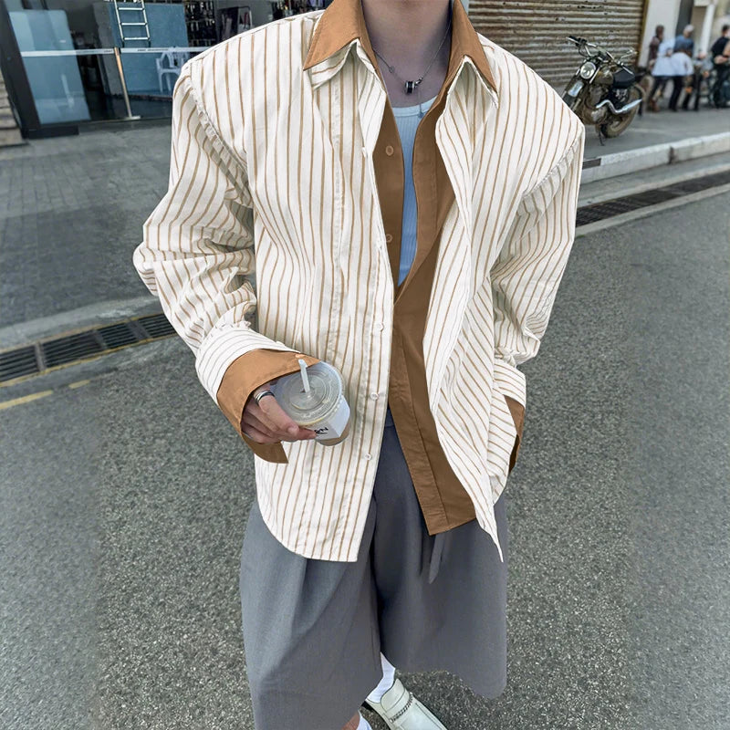 AIDASE  -  Men Shirt Striped Patchwork Lapel Long Sleeve Loose Men Clothing Streetwear 2025 Fashion Casual Male Shirts Korean Style aidase-shop