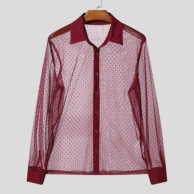 AIDASE  -  Men Shirt Polka Dot Printing Lapel Long Sleeve Button Men Clothing Mesh See Through Loose Fashion Male Shirts Streetwear aidase-shop
