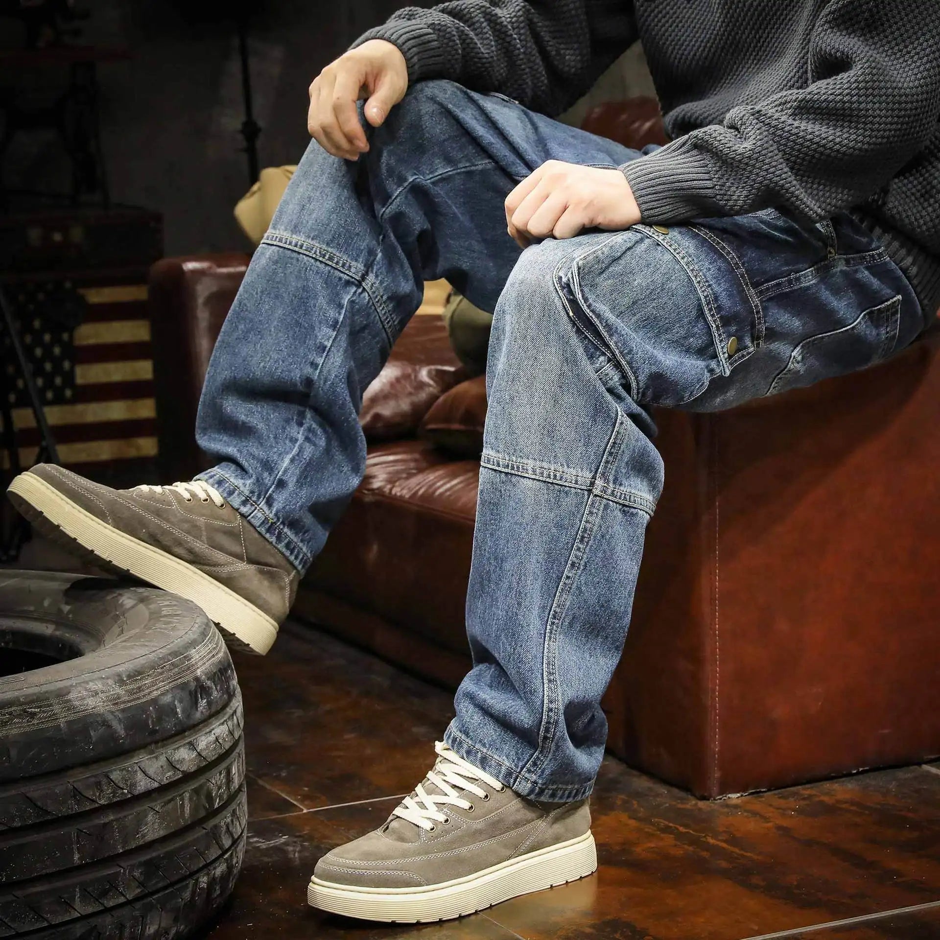 Aidase American Style Multi Pocket Denim Pants Men Spring Autumn Loose Straight Trouser Trendy Vintage Cargo Jeans Fashion Streetwear