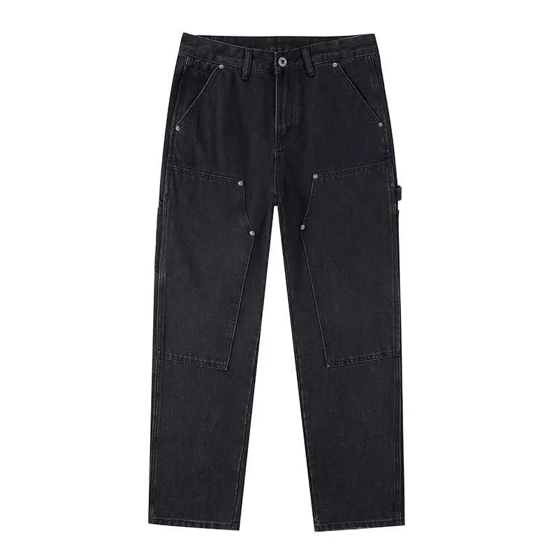 AIDASE  -  White Workwear Thigh Patch Jeans Men's New Woodcutter Rivet Straight Denim Pants Spring Autumn American Retro Cotton Cargo Pants aidase-shop
