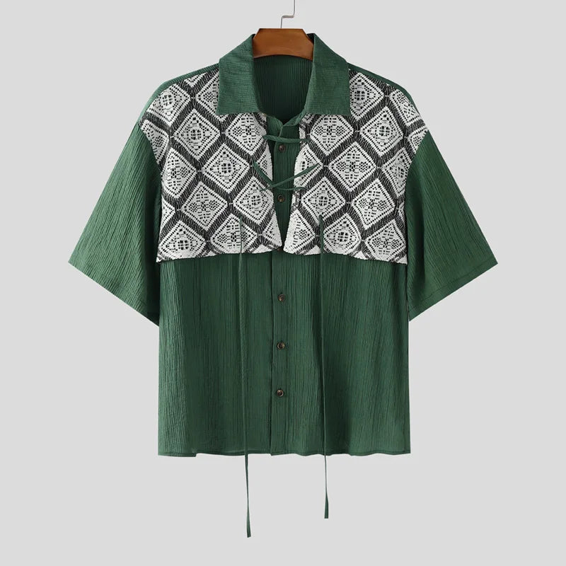 AIDASE  -  Men Shirt Lace Patchwork Pleated Lapel Short Sleeve Men Clothing Summer Streetwear 2025 Loose Fashion Casual Male Shirts aidase-shop