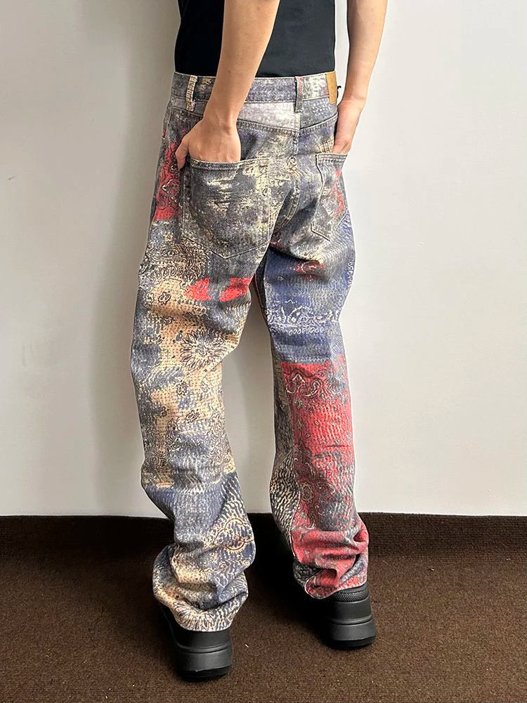 AIDASE  -  High Street Vintage Wshed Cashew Flower Digital Printed Denim Cargo Jeans Baggy Vintage Y2k Jeans pantalones hombre y2k clothes aidase-shop