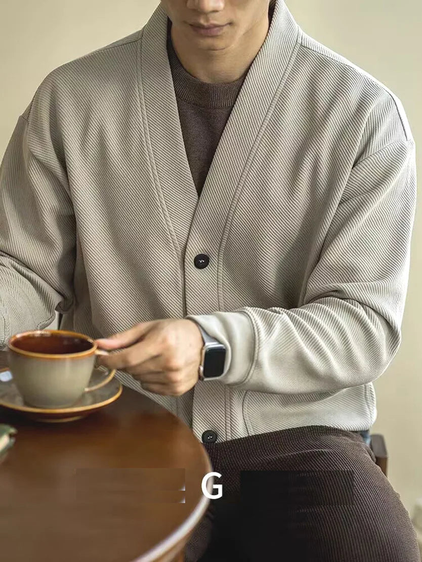 AIDASE  -  European Large V-neck Work Jacket Men's Twill Texture Elastic Long-sleeved Sweatshirt Cardigan Casual Commuting aidase-shop