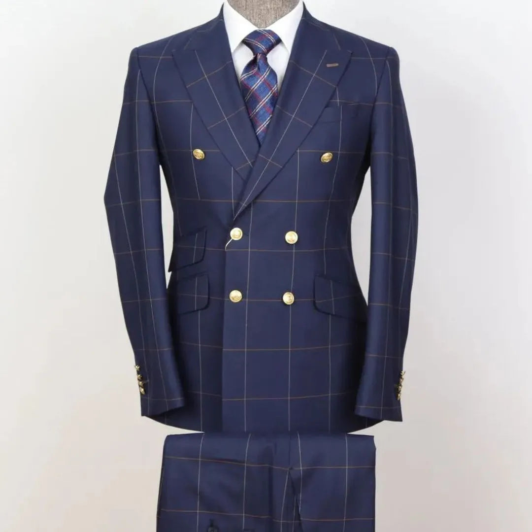 Aidase Gentle New Arrival Men Suit Tailor-Made 2 Pieces Plaid Gold Buttons Blazer Pants Double Breasted Wedding Groom Prom Tailored aidase-shop