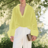 AIDASE  -  Men T Shirt Solid Color V Neck Long Sleeve Loose Casual Male Tee Tops 2025 Streetwear Translucent Fashion Men Clothing aidase-shop