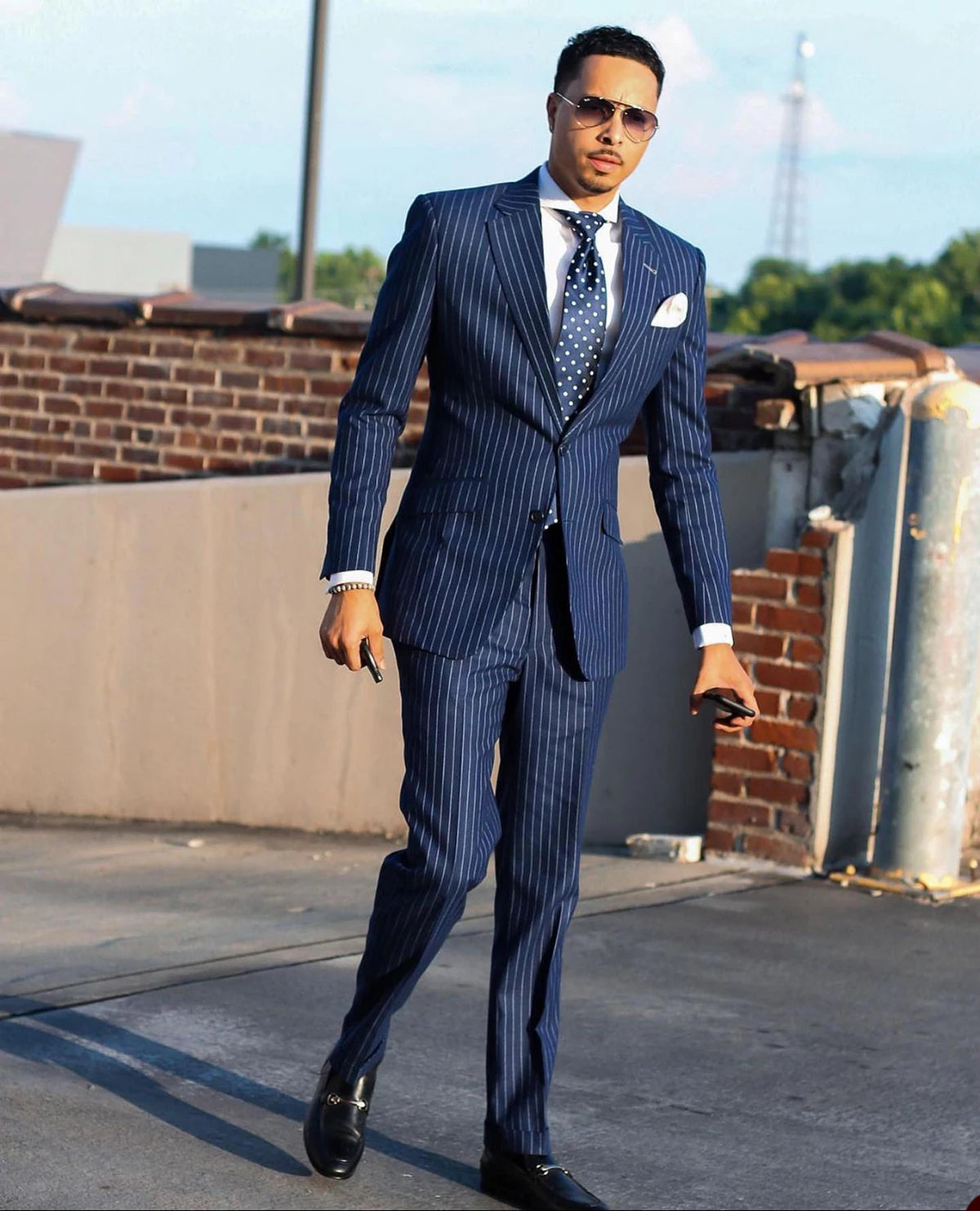 Aidase Navy Men's Suit 2 Pieces Blazer Pants Single Breasted Peaked Lapel Formal Pinstripes Wedding Groom Formal Tailored Costume Homme aidase-shop