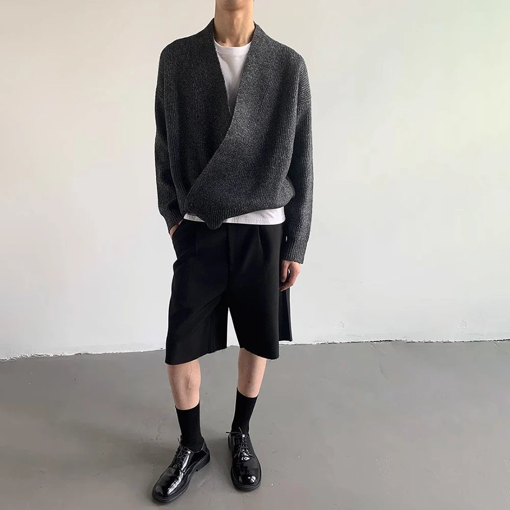 AIDASE  -  American High Street Fashion Solid Color Sweater Jacket Autumn And Winter Irregular Oblique Button V-Neck Cardigan Sweater Men aidase-shop