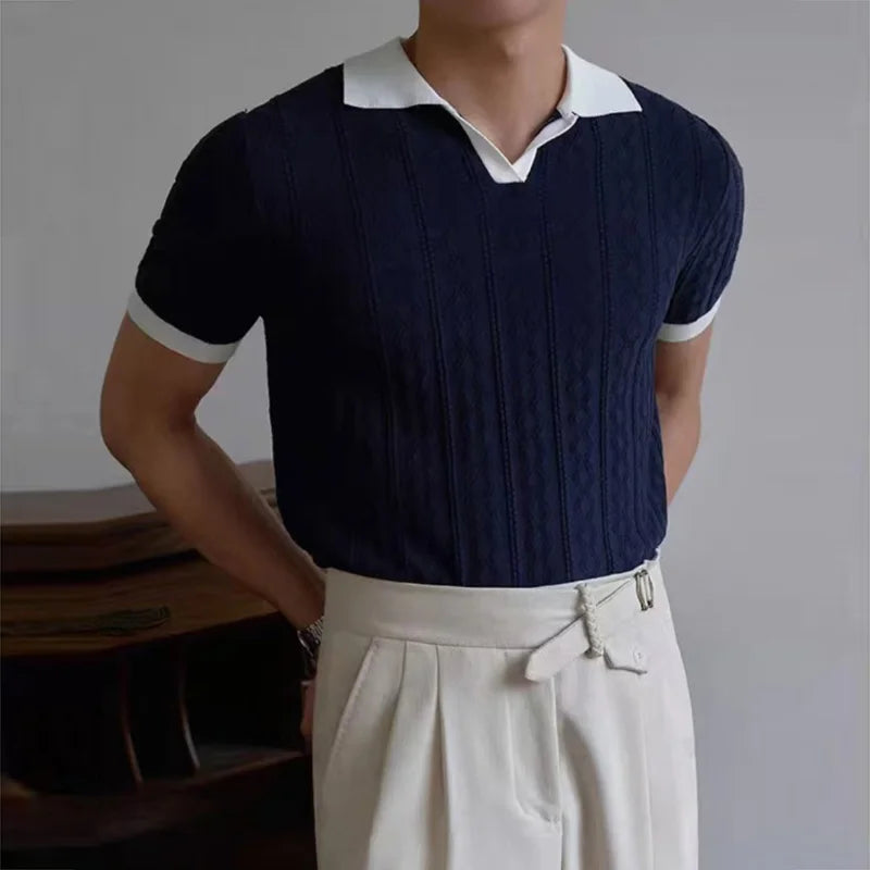 AIDASE  -  Knitting Short Sleeve Turn-down Collar Polos Men Summer New Casual Breathable Knit Polo Shirt Classic Mens Patchwork Polo Shirts aidase-shop