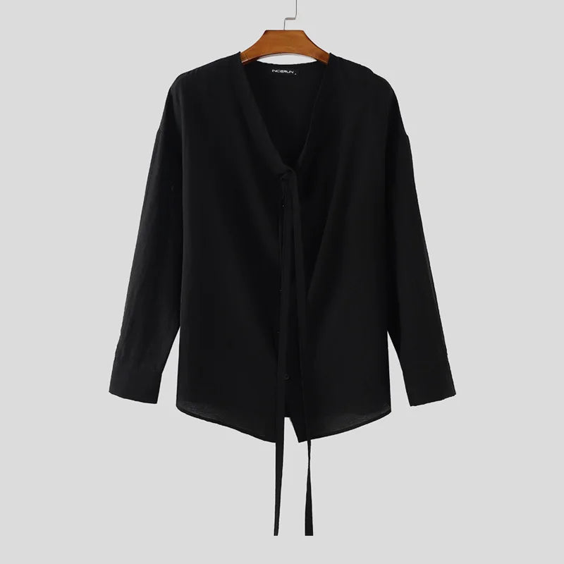 AIDASE  -  Men Shirt Solid Color V Neck Long Sleeve Loose Casual Male Tops Streetwear Korean Style Shirts 2025 Fashion Men Clothing aidase-shop