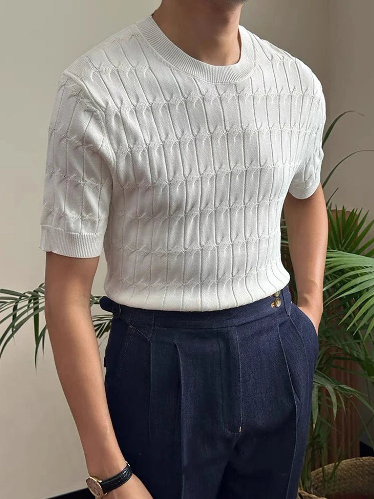 AIDASE  -  Summer Fashion Solid Color Slim Fit T-shirts Men Casual Short Sleeve Crew Neck Jumper Stylish Crochet Textured Knitted Tops Mens aidase-shop
