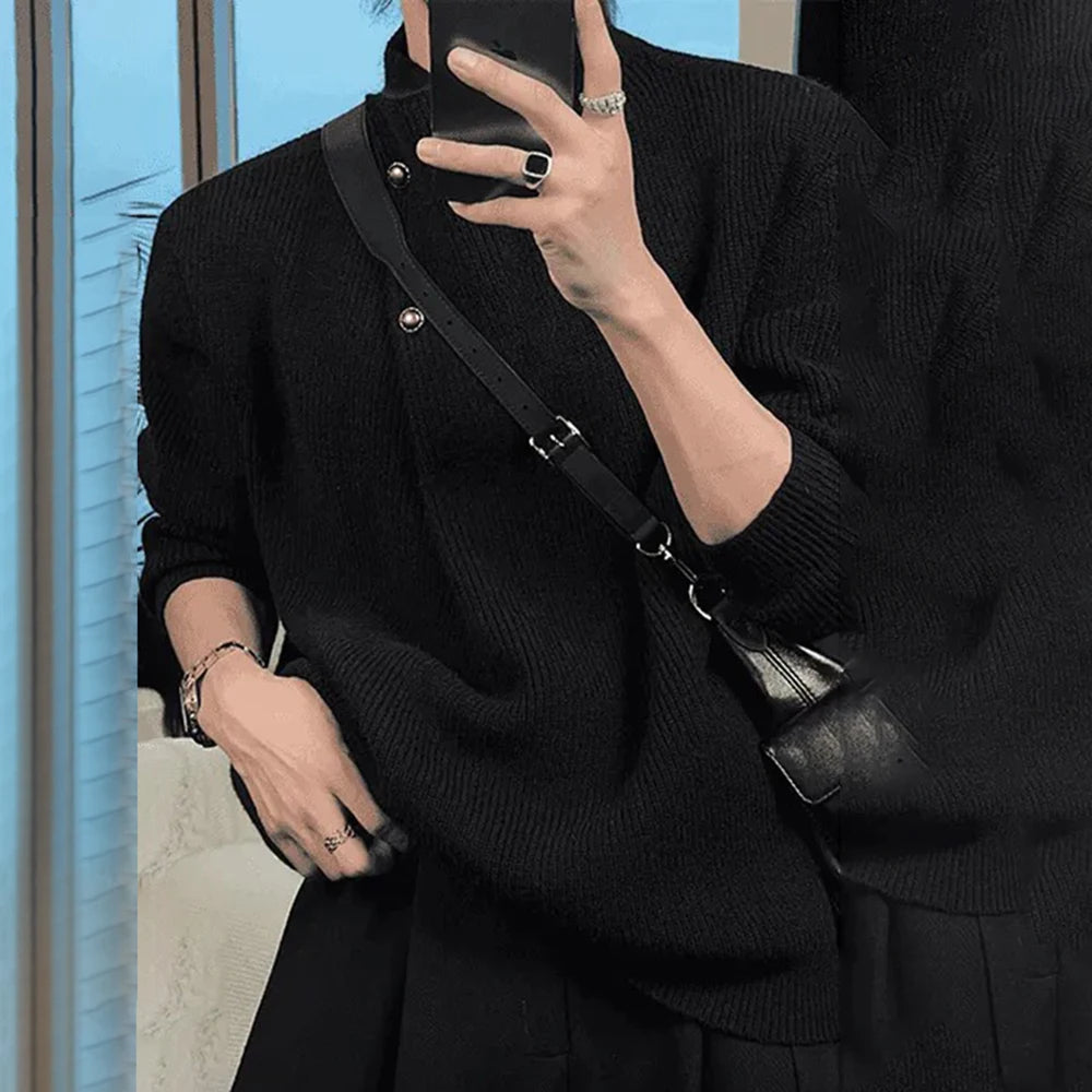 AIDASE  -  Autumn Winter New Fashion Trend Retro High Collar Button Design Sweater Mens Casual All-Match Loose Knit Sweater Mens Clothing aidase-shop