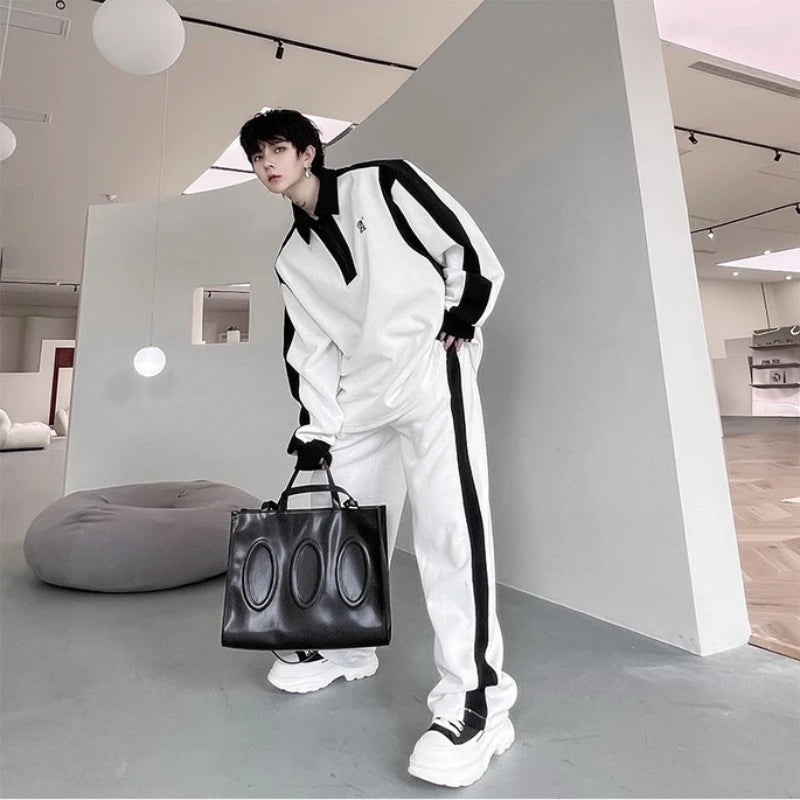 Elegant Black White Color Contrast Sports Shirt Set Long Sleeved Polo Shirt Sweatpants Two Piece Set Casual Handsome Tracksuit aidase-shop