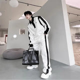 Elegant Black White Color Contrast Sports Shirt Set Long Sleeved Polo Shirt Sweatpants Two Piece Set Casual Handsome Tracksuit aidase-shop