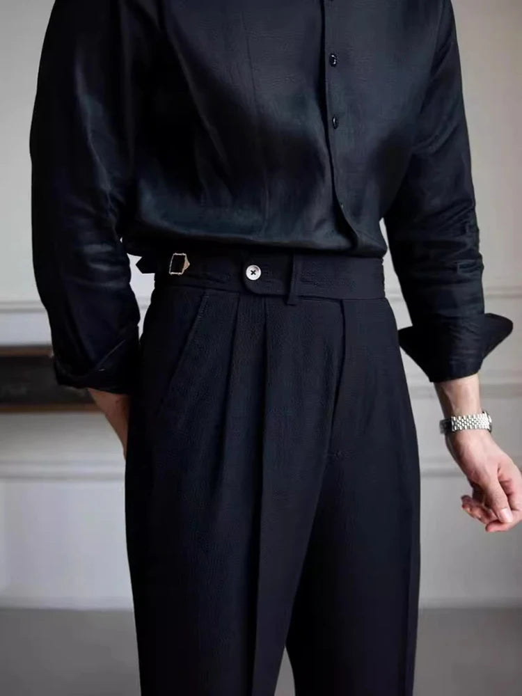 AIDASE  -  Casual Solid Color Pleated High Waist Trousers 2025 Spring Fall Trendy Men's Slim Fit Straight Pants Naples Style Trousers Mens aidase-shop