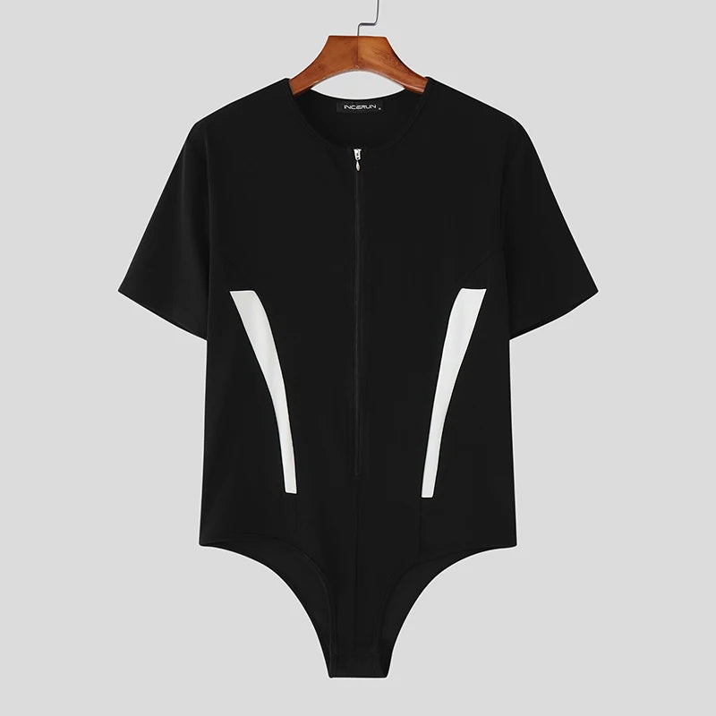 AIDASE  -  Men Bodysuits Patchwork O-neck Short Sleeve Zipper Casual Male Rompers Sexy Summer Skinny 2025 Fashion Bodysuit S-3XL aidase-shop