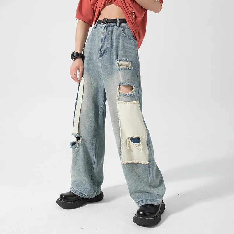 Aidase 2024 Men's Hole Casual Jean Beggar Pants High Street wear Spliced Jeans Summer Trendy Worn Out Wide Leg Denim Pants streetwear aidase-shop