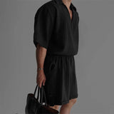 AIDASE  -  Men Sets Solid Color Lapel Short Sleeve Shirt & Shorts Two Pieces Sets Summer Streetwear 2025 Loose Casual Men's Suits