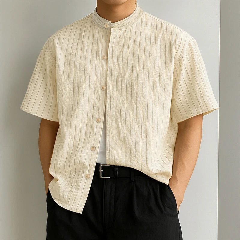 AIDASE  -  Men Striped Shirt Stand Collar Short Sleeve Button Loose Men Clothing Summer Streetwear 2025 Fashion Casual Male Shirts aidase-shop
