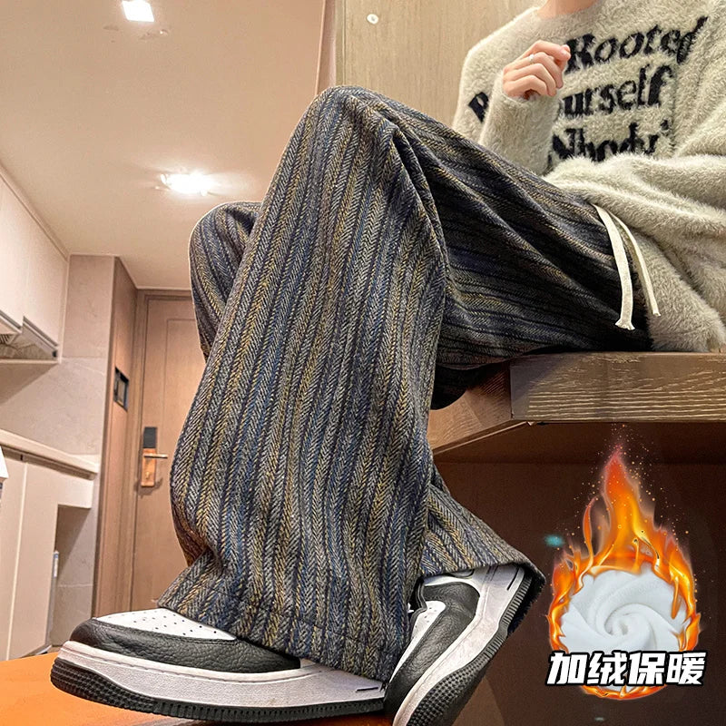 Aidase Wool Men's Pants Autumn and Winter Thickened High Waisted Small Leg Pants Casual Business Striped Contrast Wool Pants Warm aidase-shop