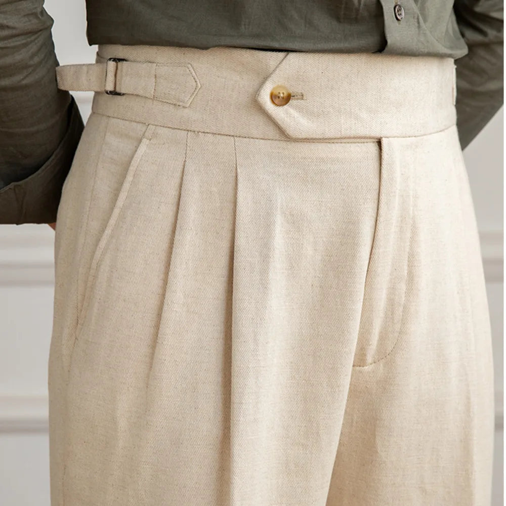 Aidase Linen Cotton High Waist Straight Casual Pants Men Versatile Naples Gentleman Pleated Pants High Quality Italian Dress Trousers aidase-shop