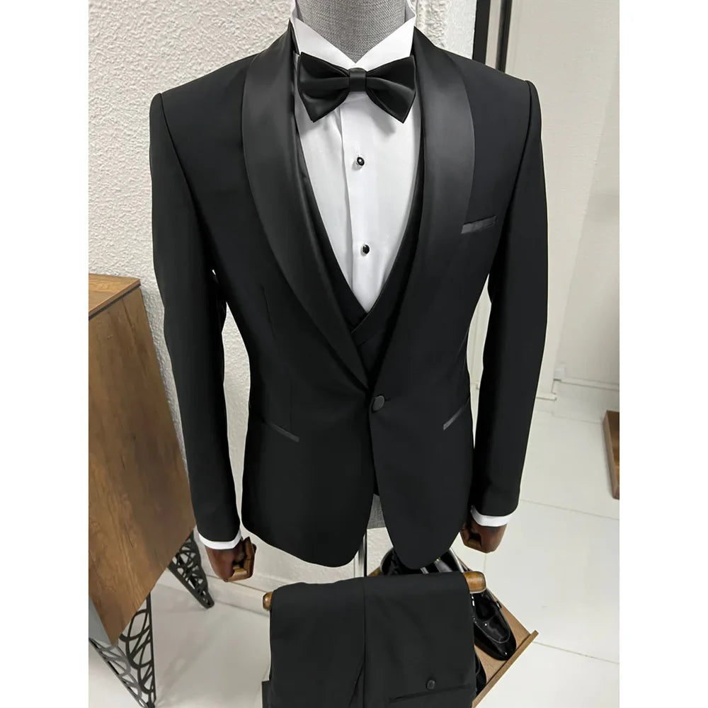 Aidase High-end Black Men Suits 3 Piece Elegant Shawl Lapel Singe Button Male Suit Slim Groom Wedding Party Tuxedo (Jacket+Vest+Pants) aidase-shop