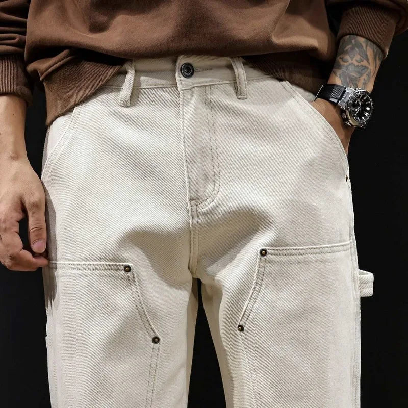 AIDASE  -  White Workwear Thigh Patch Jeans Men's New Woodcutter Rivet Straight Denim Pants Spring Autumn American Retro Cotton Cargo Pants aidase-shop