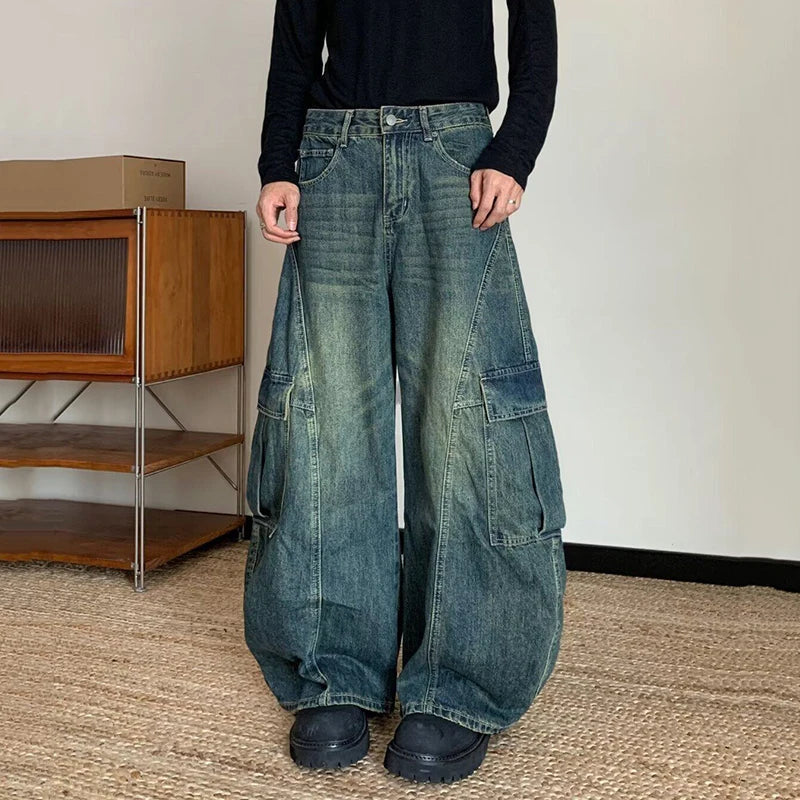 AIDASE  -  American Style Male Washed Jeans Large Pocket Design Loose Wide-Leg Scimitar Long Pants 2025 New Fashion Menswear 21E6838 aidase-shop