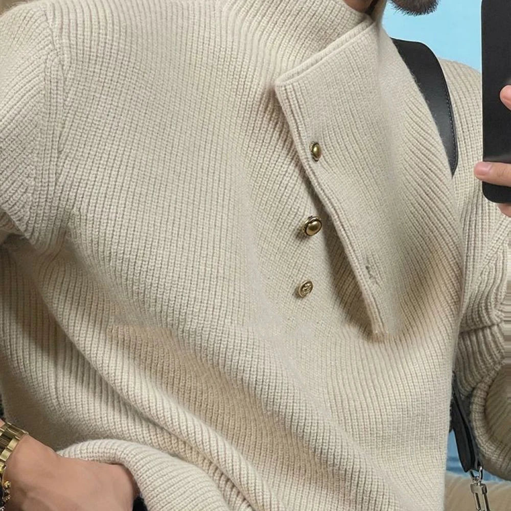 AIDASE  -  Autumn Winter New Fashion Trend Retro High Collar Button Design Sweater Mens Casual All-Match Loose Knit Sweater Mens Clothing aidase-shop