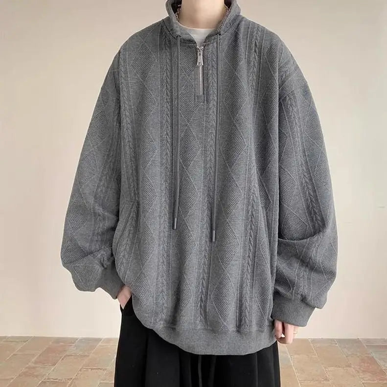 AIDASE  -  American Retro Zip-Up Collar Jacquard Sweatshirt Men's Winter Plush Oversized Couple Coat aidase-shop