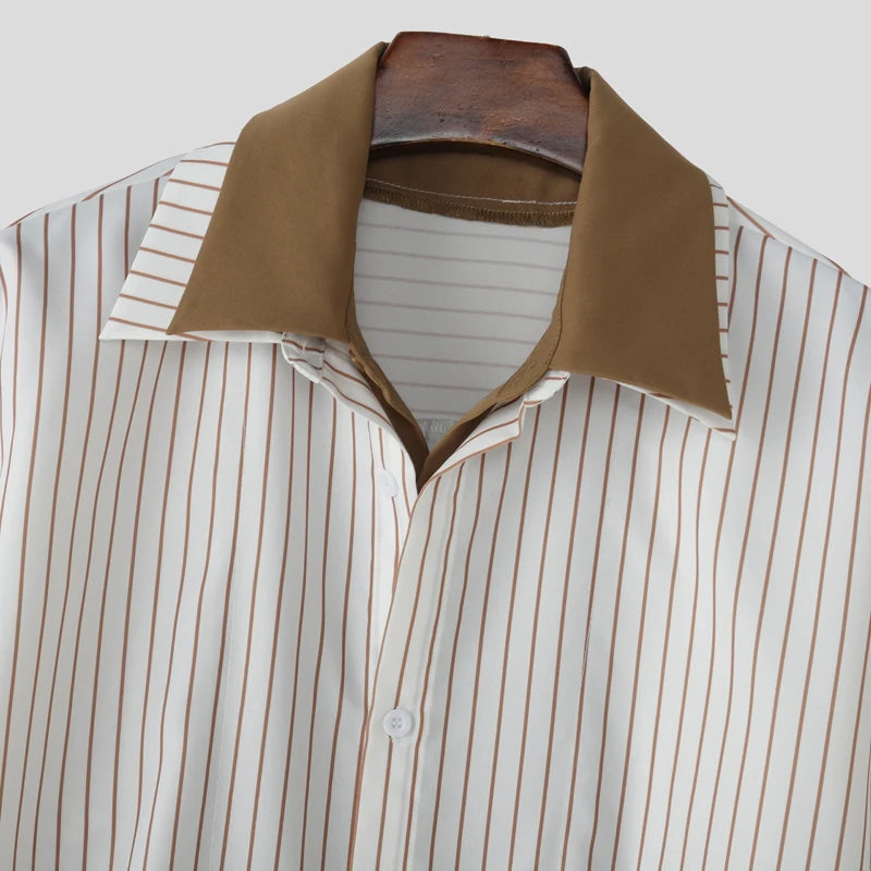 AIDASE  -  Men Shirt Striped Patchwork Lapel Long Sleeve Loose Men Clothing Streetwear 2025 Fashion Casual Male Shirts Korean Style aidase-shop