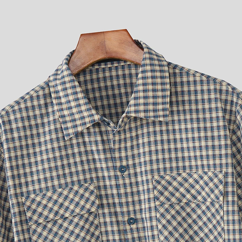 AIDASE  -  Men Plaid Shirt Lapel Short Sleeve Pockets Korean Style Men Clothing Summer Loose 2025 Streetwear Causal Male Crop Tops aidase-shop