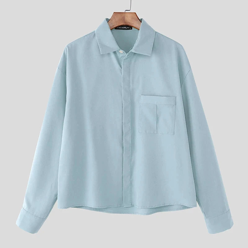 AIDASE  -  Men Casual Shirt Solid Color Lapel Long Sleeve Button Men Clothing Streetwear Loose 2025 Fashion Male Crop Tops Shirts aidase-shop