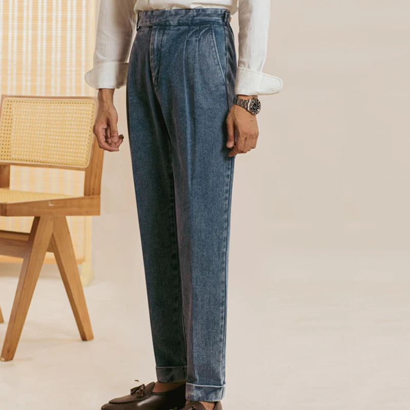 Aidase High Quality Double Pleated Jeans Straight Tube Loose Washed High Grade Casual Pant Men Dress Trouser Straight Leg Pant Naples aidase-shop