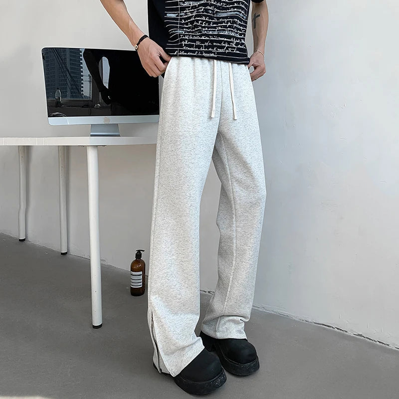 AIDASE  -  Drawstring Men Sweatpannts American Style Solid Color Elastic Waist Bottom Zipper Patchwork Straight Male Trousers 24K2733 aidase-shop