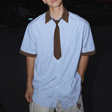 AIDASE  -  Men Shirt Striped Patchwork Lapel Short Sleeve Button Casual Men Clothing Loose Tie 2025 Fashion Male Shirts S-5XL Tops aidase-shop