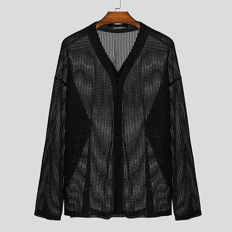 AIDASE  -  Men Shirt Hollow Out See Through V Neck Long Sleeve Men Clothing Streetwear Solid 2025 Loose Tops Casual Male Shirts aidase-shop
