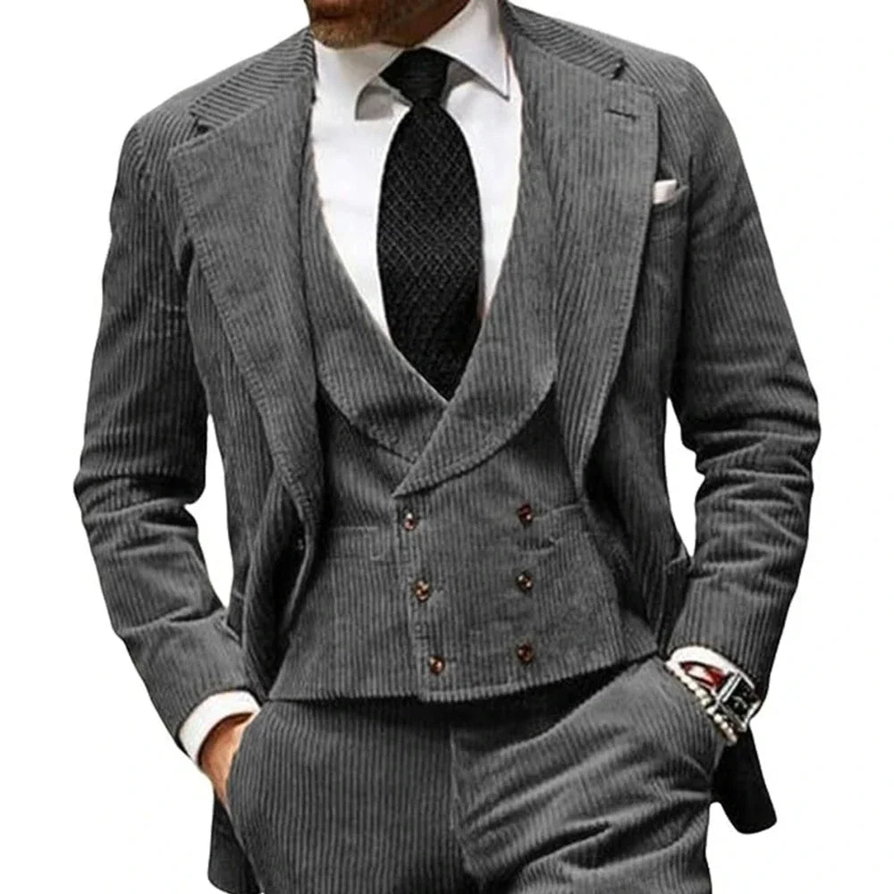 Aidase Autumn Winter Corduroy Suit For Men Single Breasted Peaked Lapel Business Casual Male Blazer Vest Pants 3Pcs Set Wedding costume aidase-shop