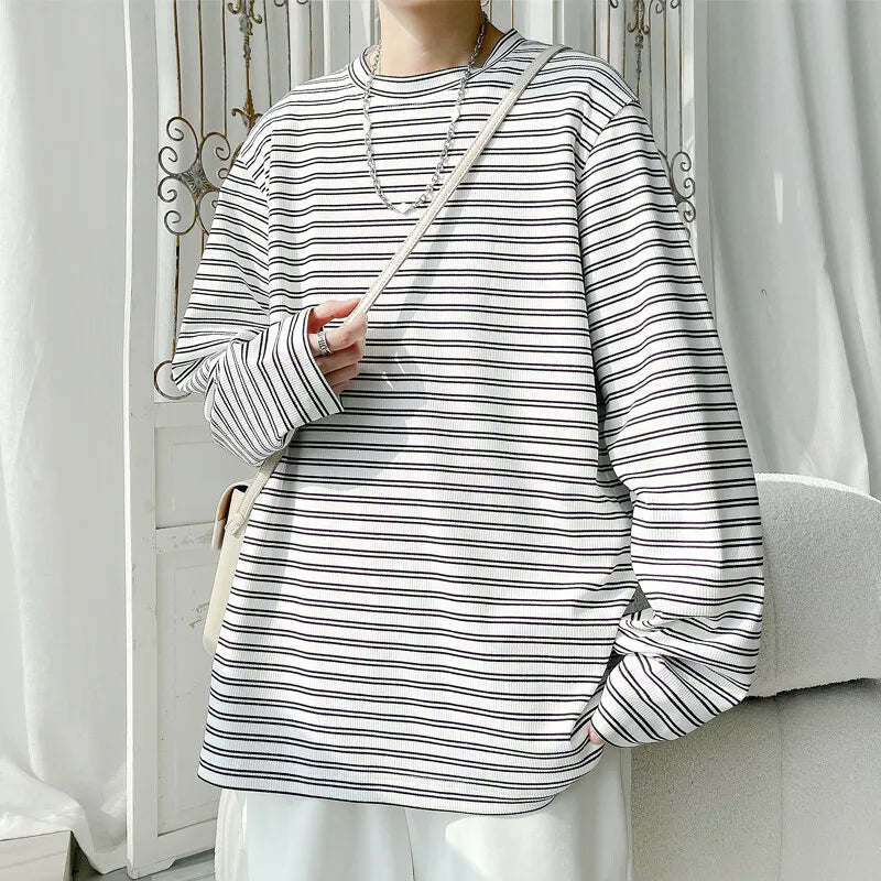 AIDASE  -  Spring Autumn Striped T-Shirts Men Round Neck Long Sleeve Loose Casual Tshirt Male Streetwear Tees Fashion Tops Plus Size aidase-shop