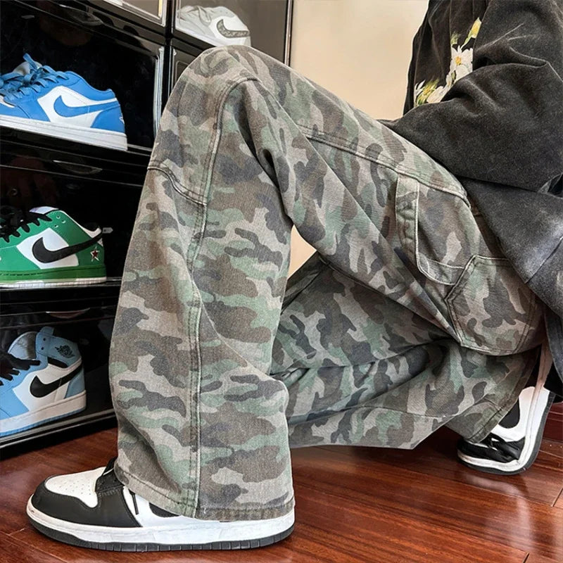 Aidase Jeans Men Military Fashion High Street Daily Spring Autumn Camouflage Spliced Handsome Loose American Style Teenagers Versatile aidase-shop