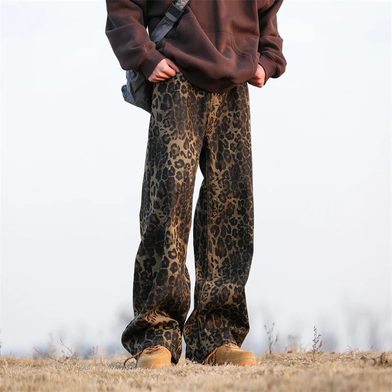 Aidase Leopard Print Jeans Men Fashion Retro Wide Leg Jeans Men Streetwear Hip-hop Loose Straight Jeans Mens Vintage Denim Trousers aidase-shop