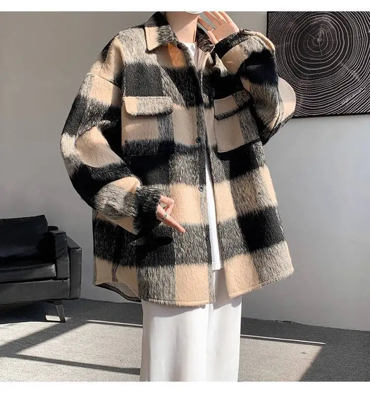 AIDASE  -  American Style Men's Woolen Jacket Loose High Street Large Pocket Decoration Long Sleeve Turn-down Collar Men Coats 21E7628 aidase-shop