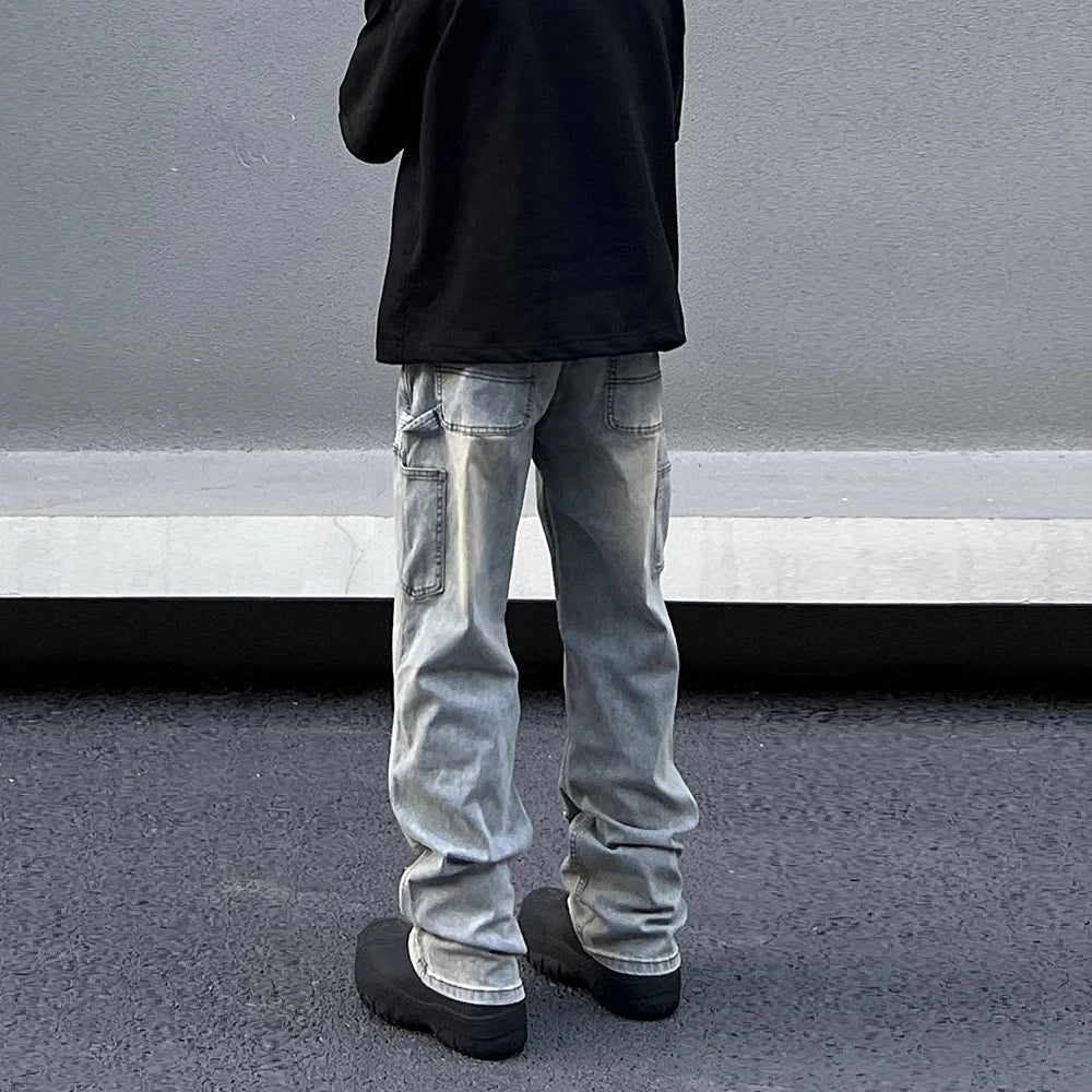 Aidase American Streetwear Double Knee Logging Overalls Mens Spring and Autumn Jeans Light Blue Straight Leg Pants Cleanfit Washed Jean aidase-shop