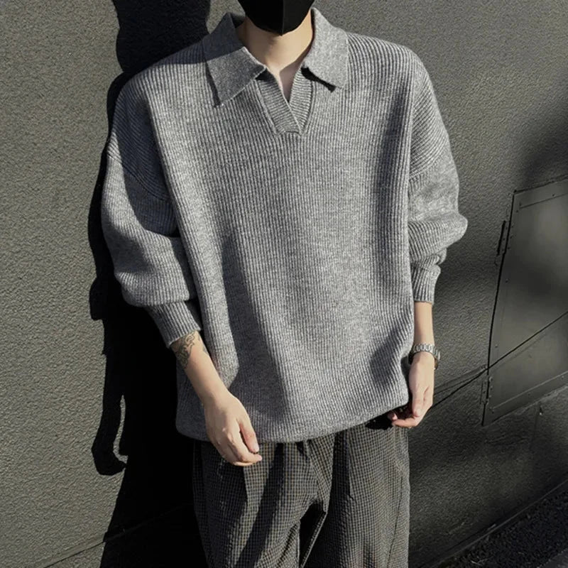 AIDASE  -  Autumn Winter Men's Sweater Korean Style Loose Long Sleeve Lapel Solid Color Male Pullover Fashion Casual Tops 21E7478 aidase-shop