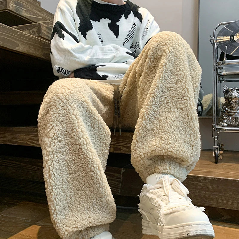 Aidase Winter Thickened Pants Men Warm Fashion Retro Lamb Wool Pants Men Oversized Streetwear Loose Straight Pants Mens Thick Trousers aidase-shop